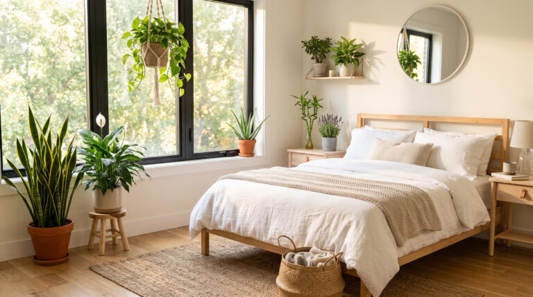 A bright modern bedroom decorated with healthy indoor plants including a snake plant, peace lily, pothos, lucky bamboo, aloe vera, lavender, and jade plant, creating a calm and peaceful atmosphere with natural morning sunlight.