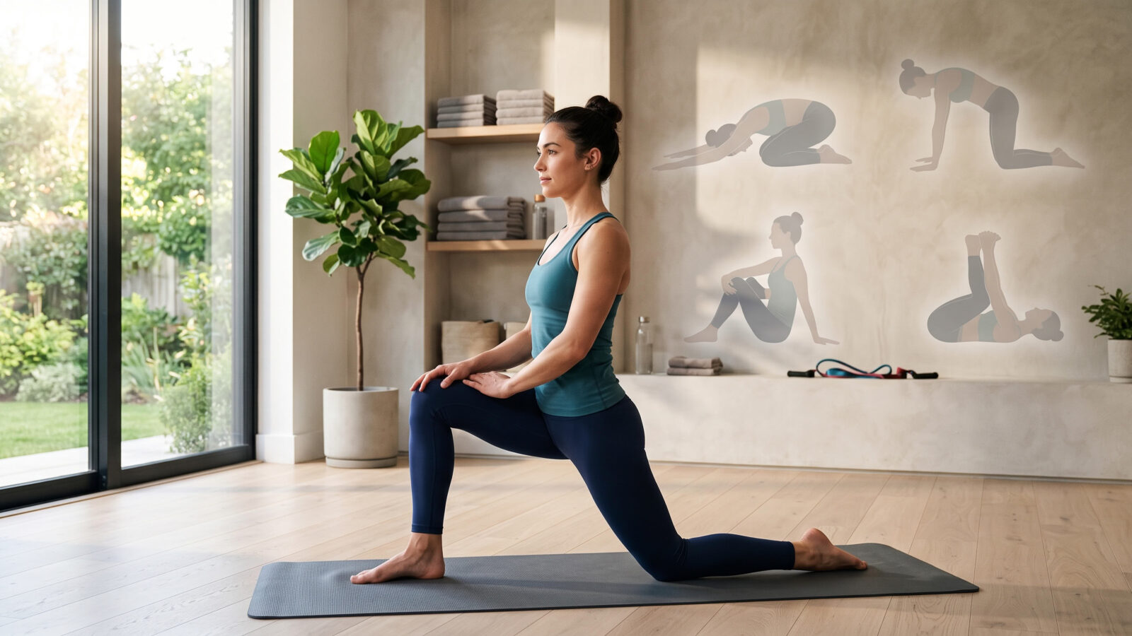 Woman demonstrating a hip flexor stretch as part of a routine to correct anterior pelvic tilt and improve posture, flexibility, and lower back comfort.