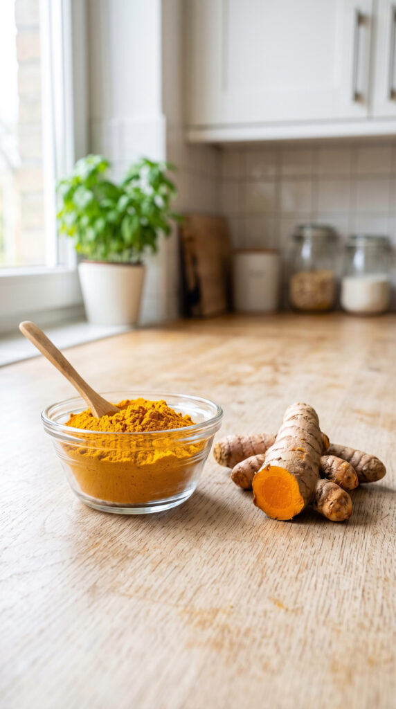 Turmeric powder in a small glass bowl beside fresh turmeric root.