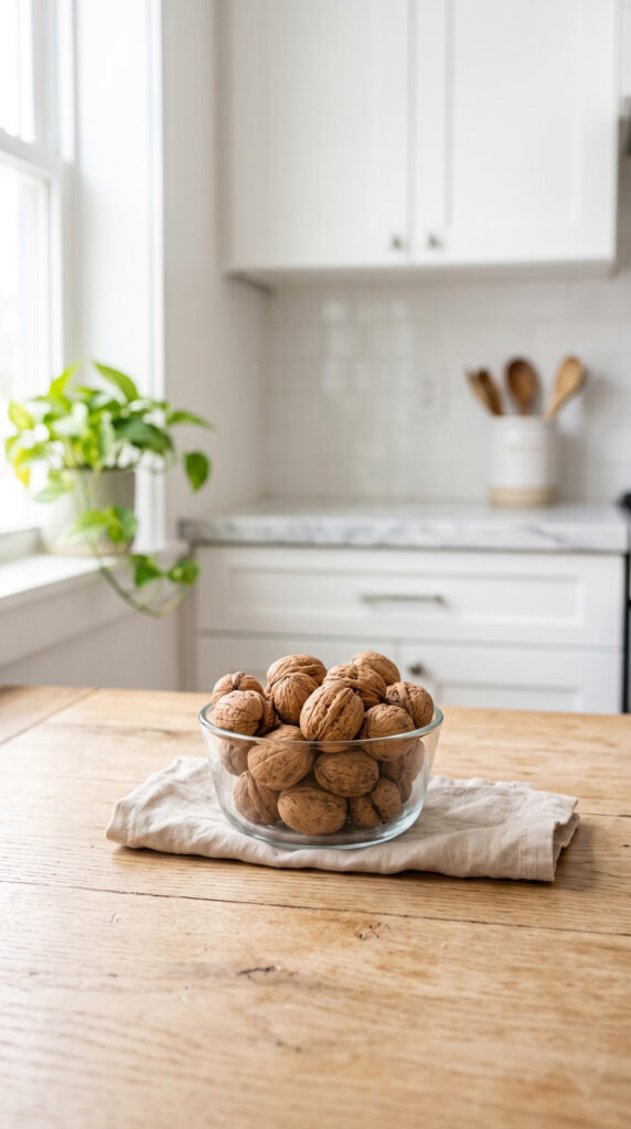 Walnuts in a small glass bowl on a wood table.