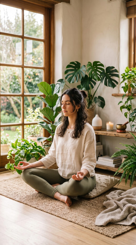 Woman practicing mindfulness meditation in a calm wellness space.