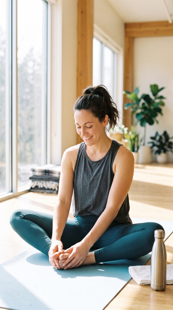 Woman feeling comfortable and relaxed after stretching tight hips and groin muscles.