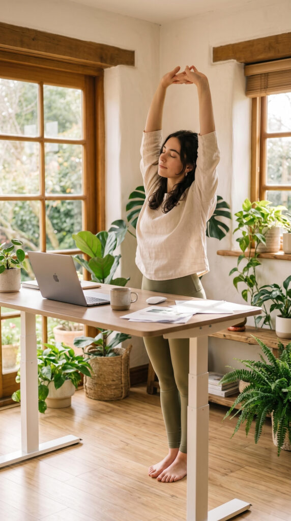 Office worker woman stretching after spending long hours sitting at a desk.