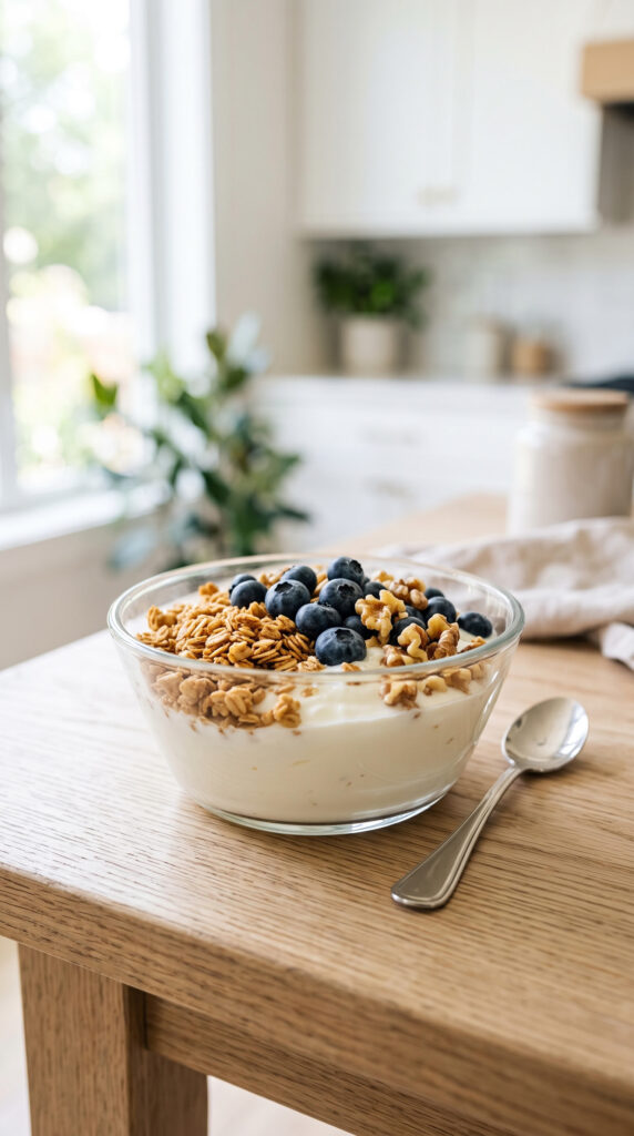 A glass bowl of yogurt topped with granola, blueberries, and walnuts.
