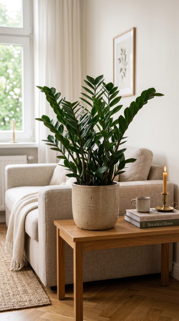 Lush ZZ Plant with glossy emerald-green leaves growing in a stylish ceramic planter indoors.