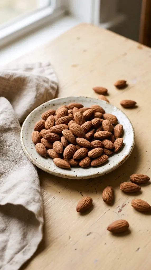 Whole almonds arranged on a ceramic plate with a few scattered almonds