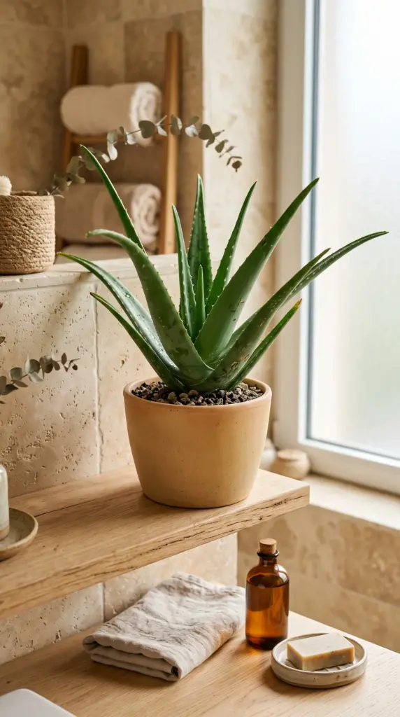 Aloe vera plant in a ceramic pot on a bright bathroom shelf.