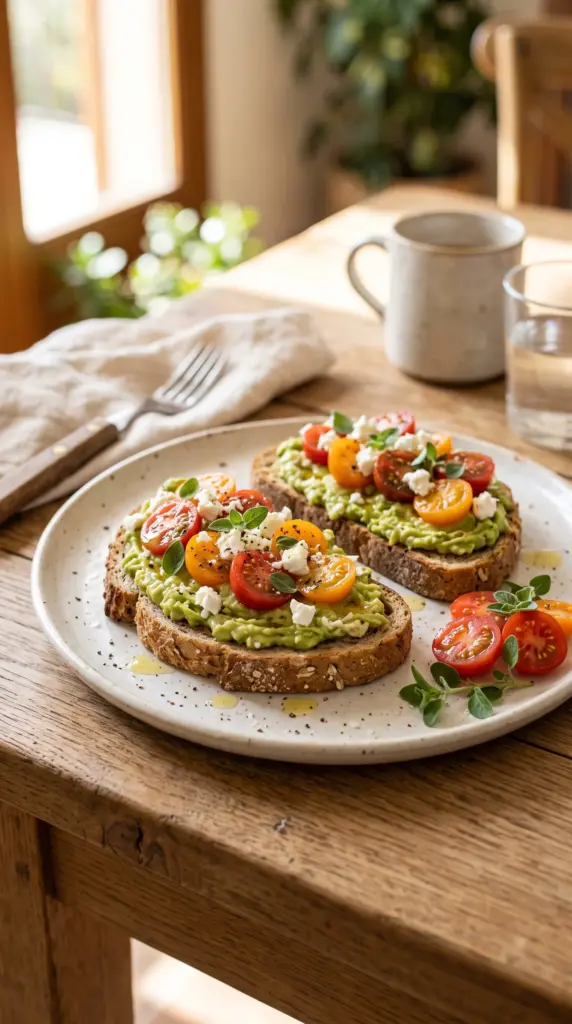 Whole-grain avocado toast topped with tomatoes, feta, oregano, and olive oil.