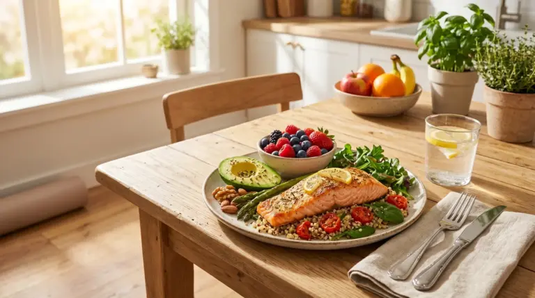 Heart-healthy meal with vegetables, berries, whole grains, avocado, nuts, and grilled fish
