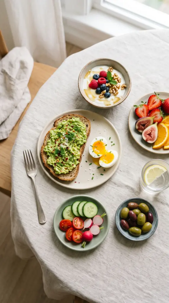 Balanced Mediterranean breakfast with Greek yogurt, berries, walnuts, egg, avocado toast, vegetables, olives, and hummus.
