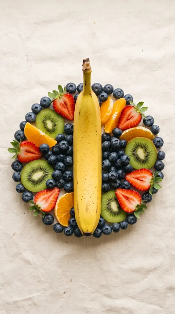 A whole banana lies down the center of a round plate, surrounded by blueberries, halved strawberries, kiwi slices, and orange segments arranged on a light linen background.