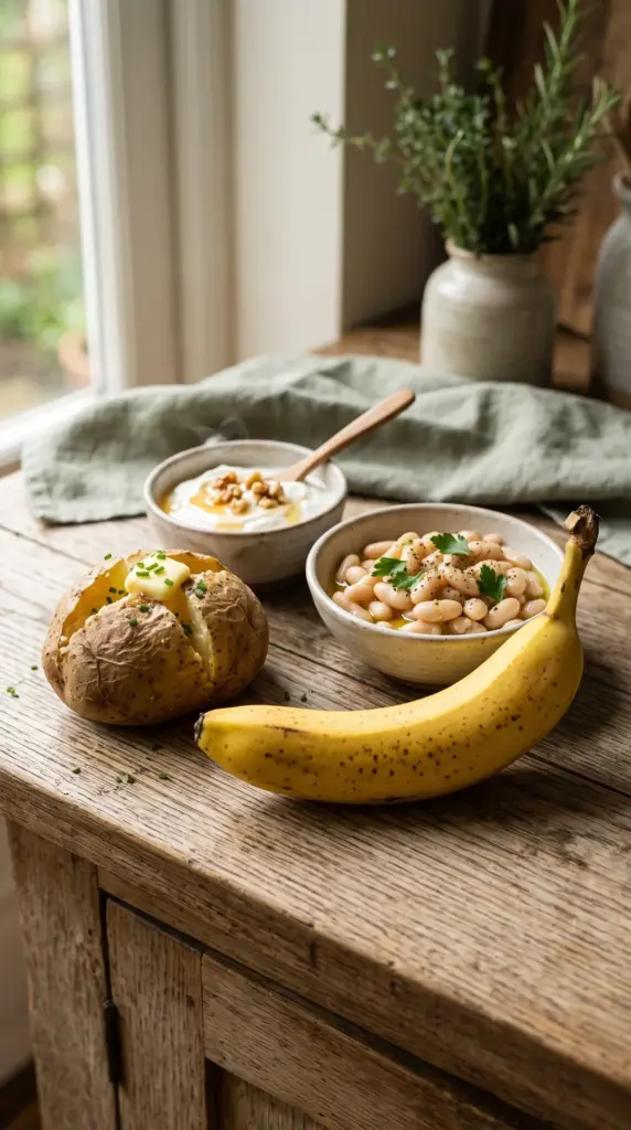 A whole banana rests on a wooden table beside a baked potato topped with butter and chives, a bowl of white beans garnished with parsley, and a bowl of yogurt topped with walnuts and honey. A vase of herbs sits in the background near a window.