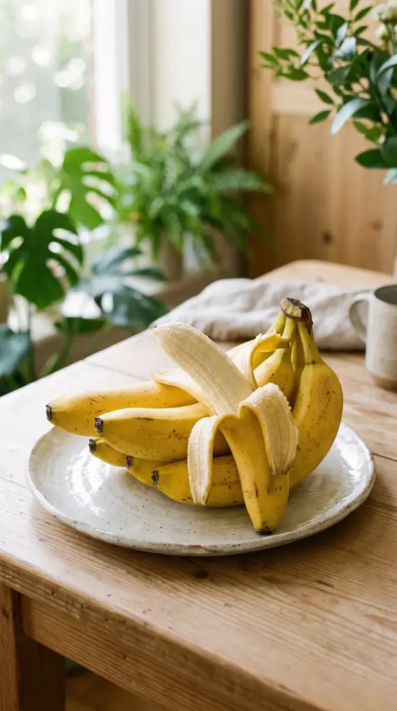 Ripe bananas arranged on a ceramic plate with one partially peeled banana