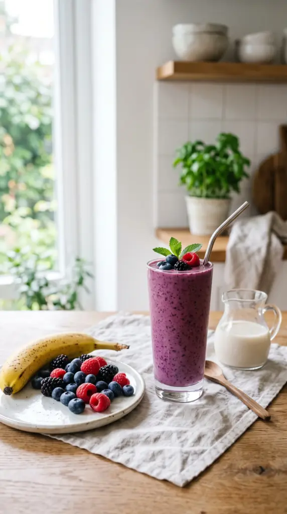 Dairy-free mixed berry smoothie with almond milk, banana, and fresh berries.