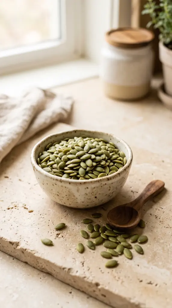 Pumpkin seeds in a small bowl with scattered seeds on a light kitchen counter