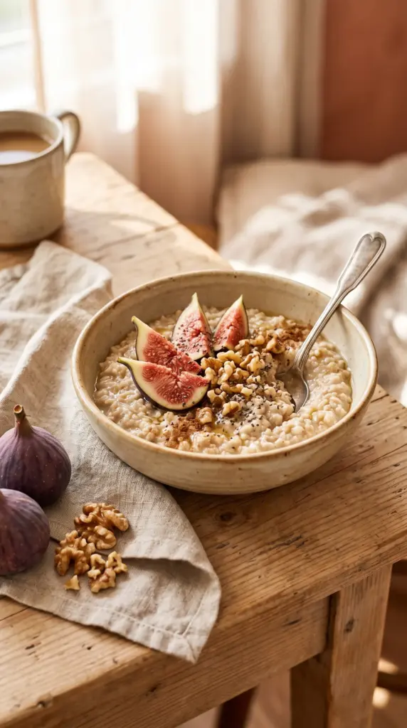 Warm oatmeal topped with fresh figs, walnuts, chia seeds, and cinnamon.