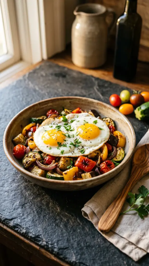 Breakfast bowl with roasted zucchini, peppers, tomatoes, onions, eggplant, eggs, and fresh parsley.