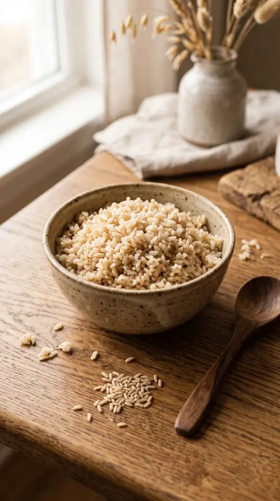Cooked brown rice served in a ceramic bowl on a neutral dining table