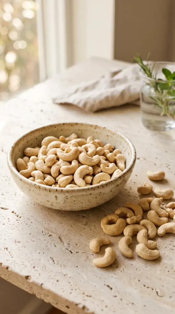 Whole cashews in a ceramic bowl with several cashews scattered on a table