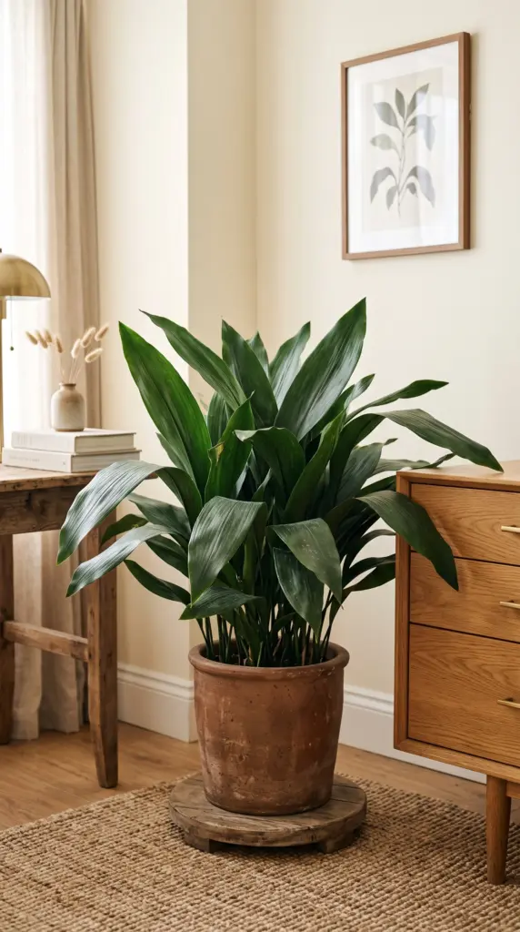 Mature cast iron plant with broad green leaves beside a wooden cabinet.