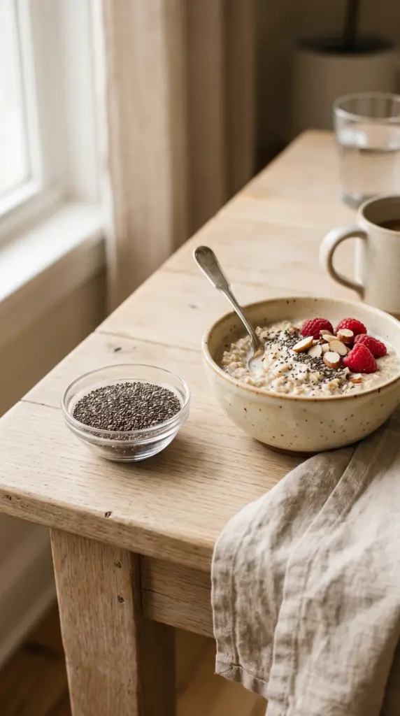 Chia seeds beside a bowl of overnight oats on a breakfast table