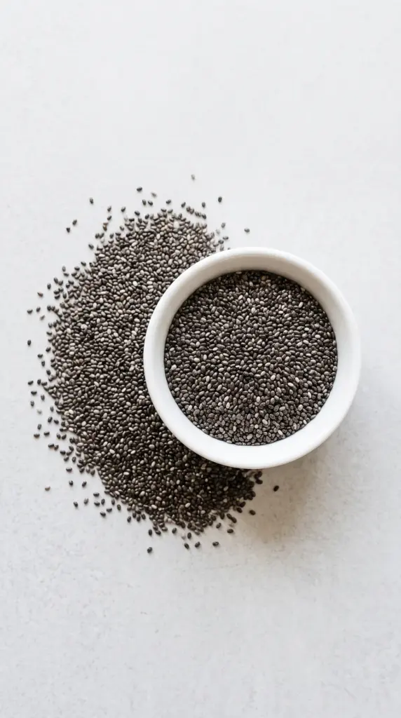 Chia seeds in a white bowl on a light grey table