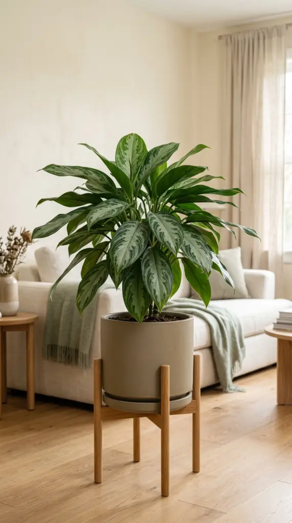 Chinese evergreen with patterned green leaves on a plant stand in a living room.