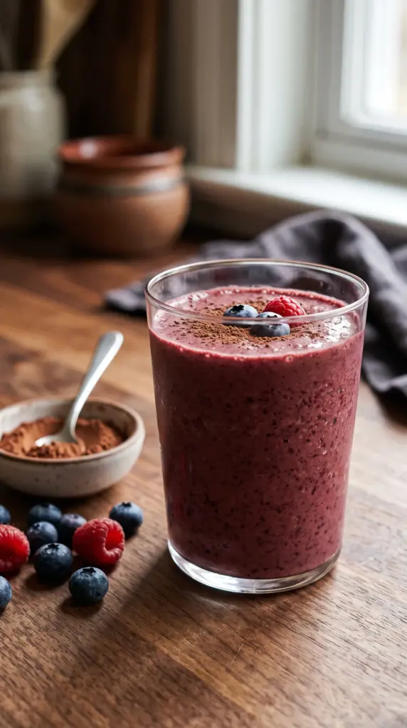 Chocolate mixed berry protein smoothie with cocoa and fresh berries.