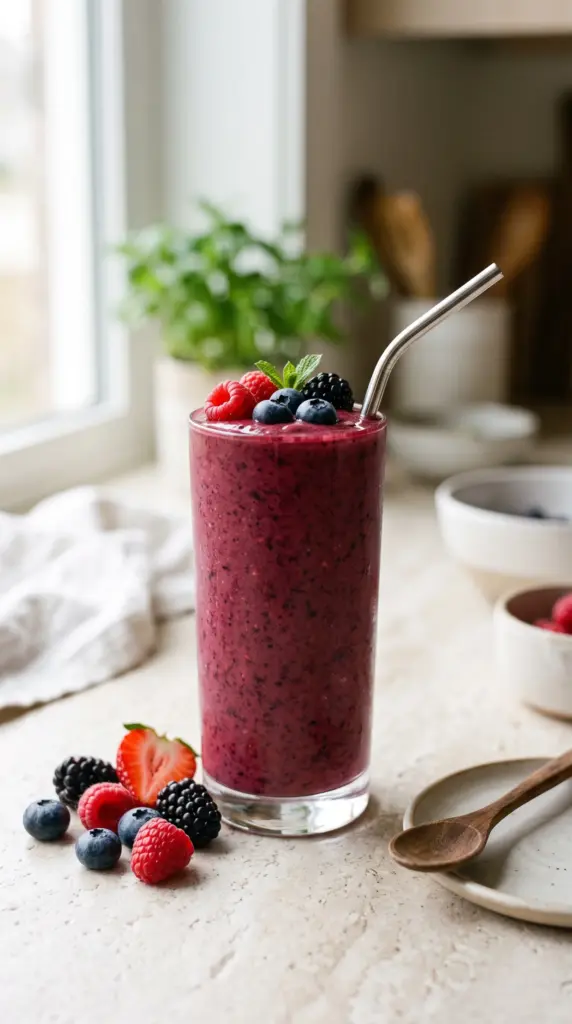 Classic mixed berry smoothie with fresh berries on a kitchen counter.