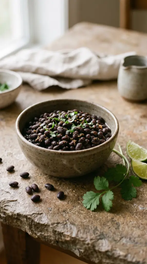 Cooked black beans served in a ceramic bowl with lime and fresh herbs