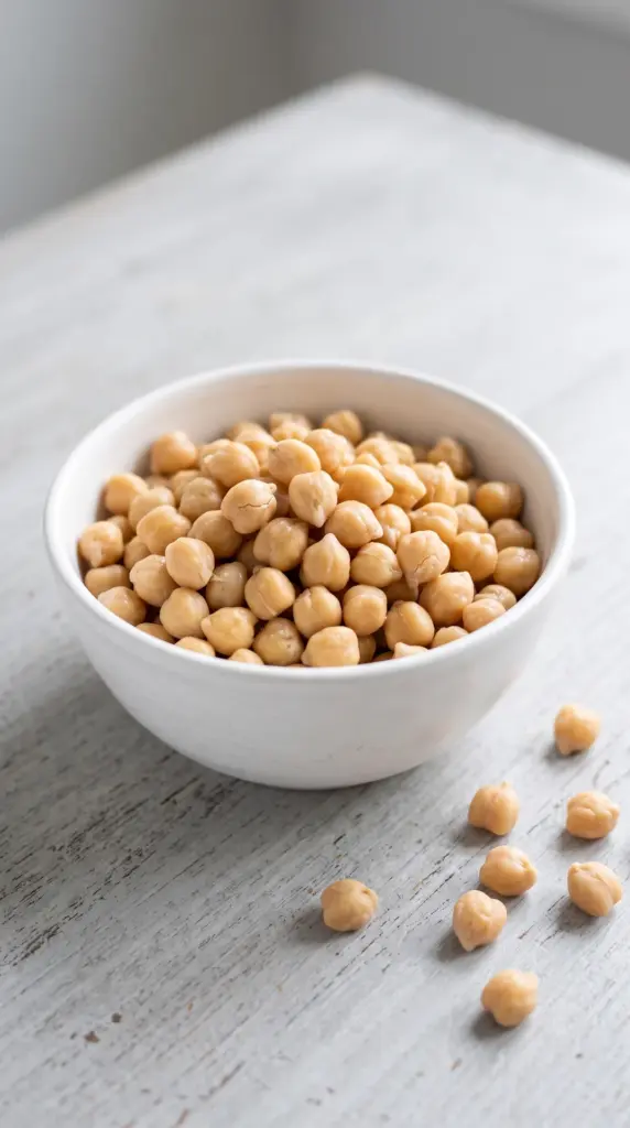 Cooked chickpeas in a white bowl on a light grey table