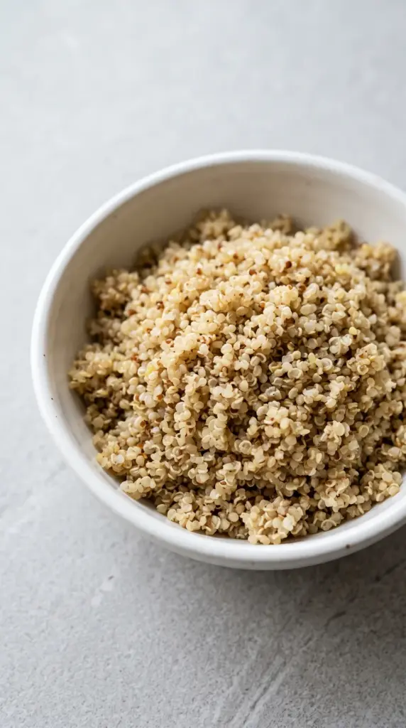 Cooked quinoa in a white bowl on a light grey table