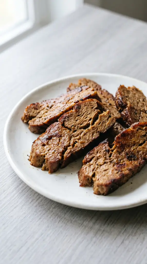 Sliced cooked seitan on a white plate