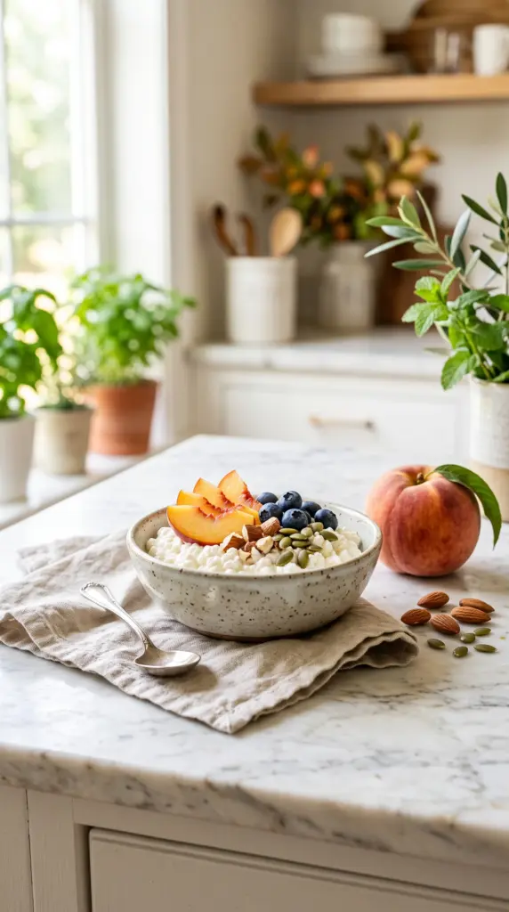 Cottage cheese topped with peaches, blueberries, almonds, and pumpkin seeds.