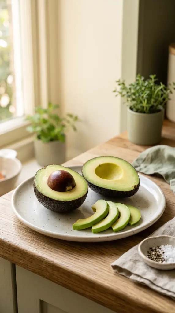Fresh avocado halves and slices arranged on a light ceramic plate
