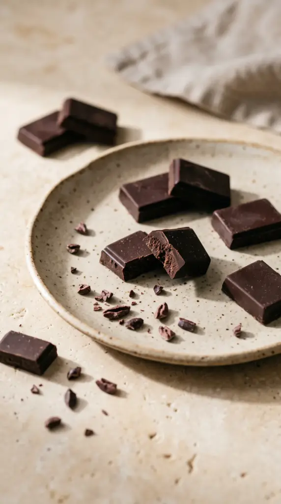 Pieces of dark chocolate arranged on a ceramic plate with cocoa nibs