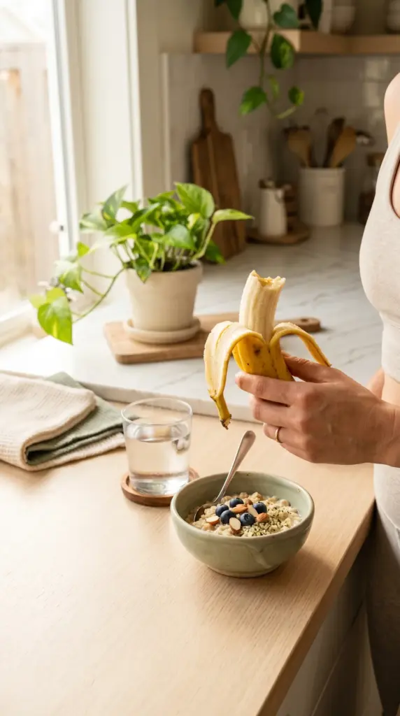 A person's hand holds a partially peeled banana over a bowl of oatmeal topped with blueberries, almonds, and hemp seeds. A glass of water and a potted plant sit on the counter nearby.
