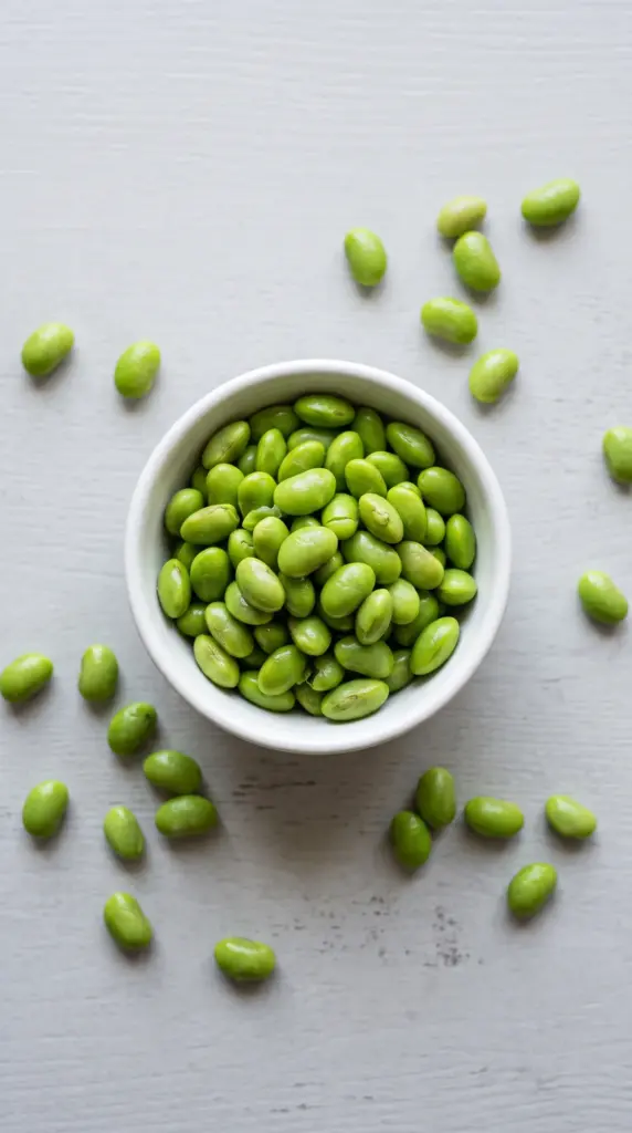 Shelled green edamame on a light grey table