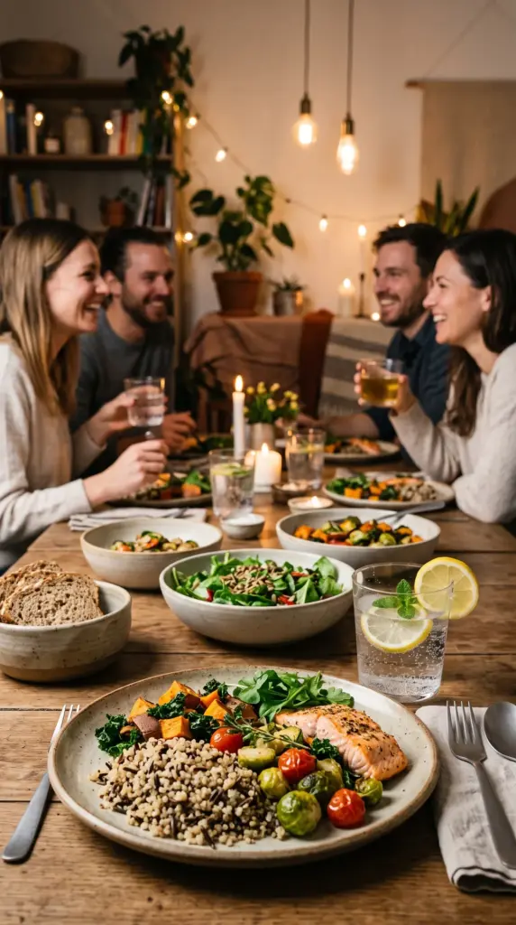 Healthy dinner with sparkling water, vegetables, and whole grains