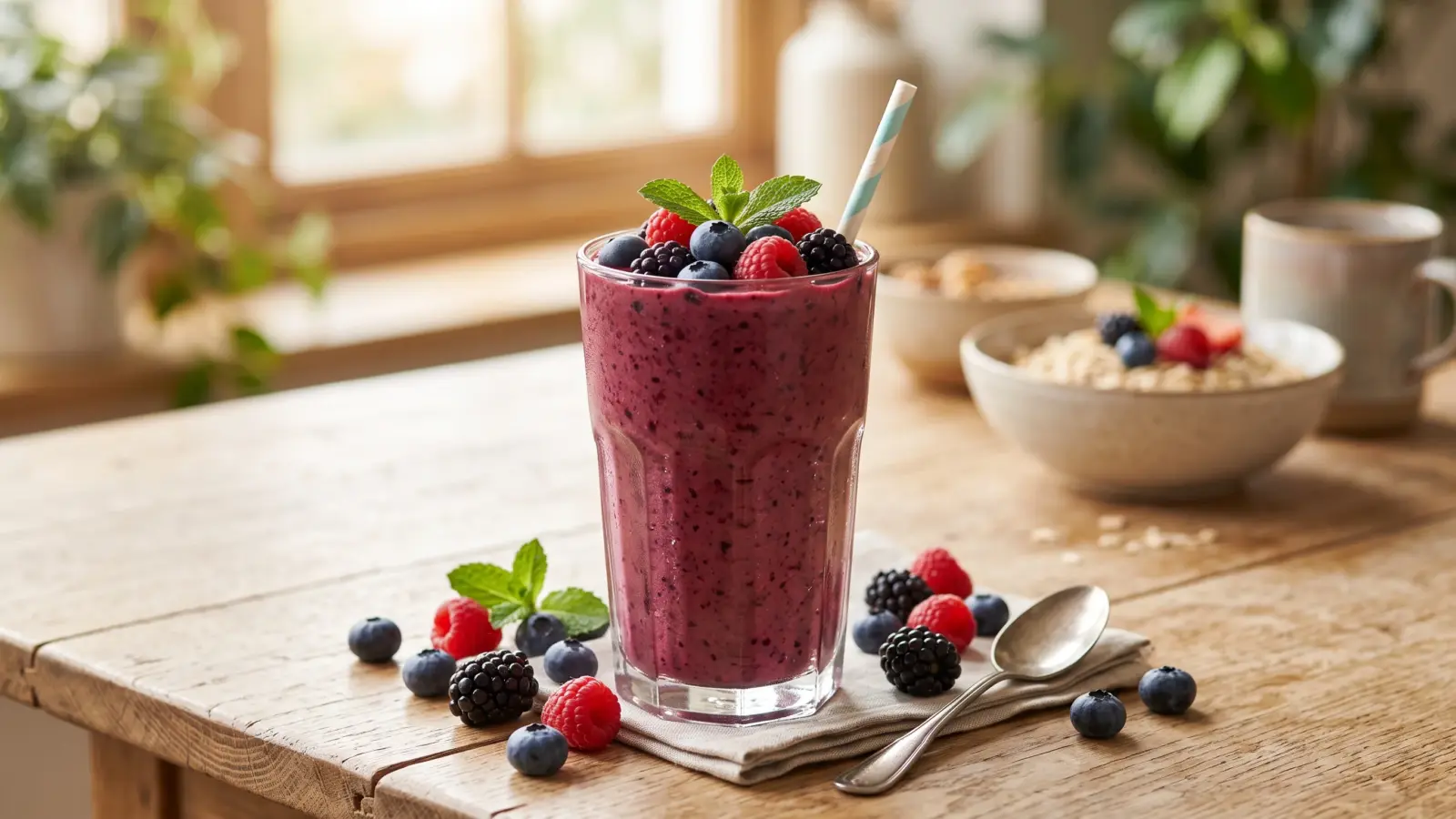 Mixed berry smoothie topped with fresh blueberries, raspberries, blackberries, and strawberries.