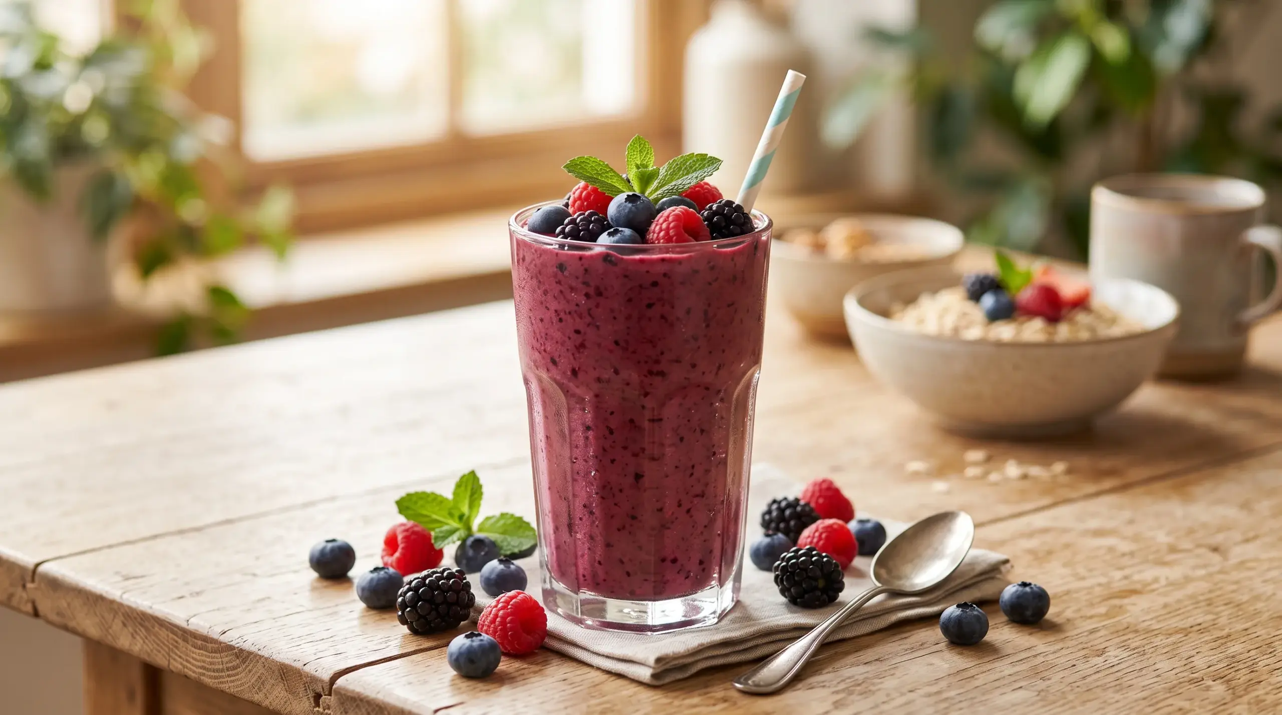 Mixed berry smoothie topped with fresh blueberries, raspberries, blackberries, and strawberries.