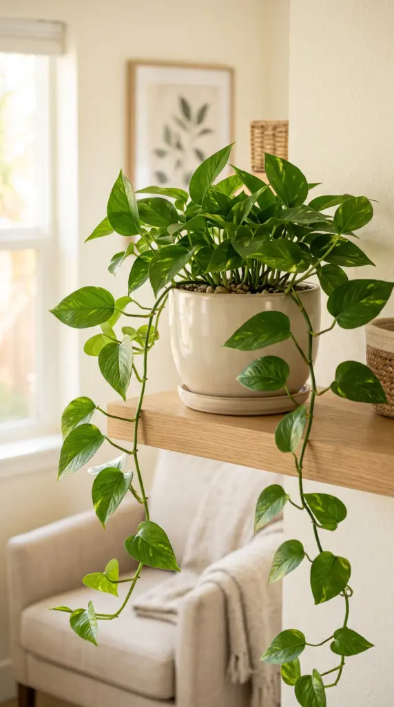 Golden pothos growing in a ceramic pot on a bright living room shelf.