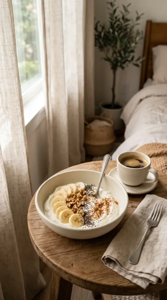 Greek yogurt bowl topped with banana slices, walnuts, chia seeds, and cinnamon.