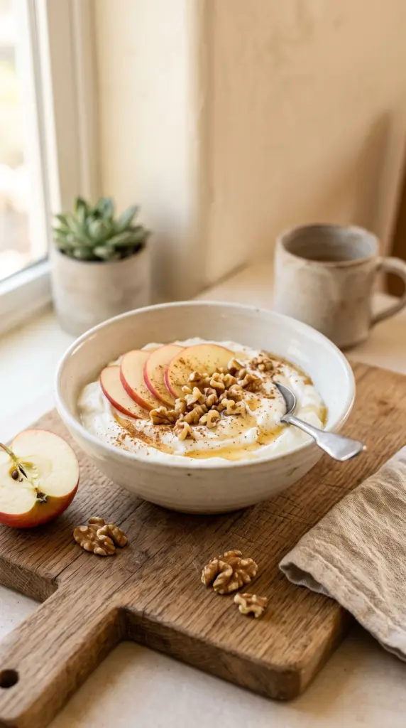 Greek yogurt topped with sliced apple, walnuts, cinnamon, and a drizzle of honey.