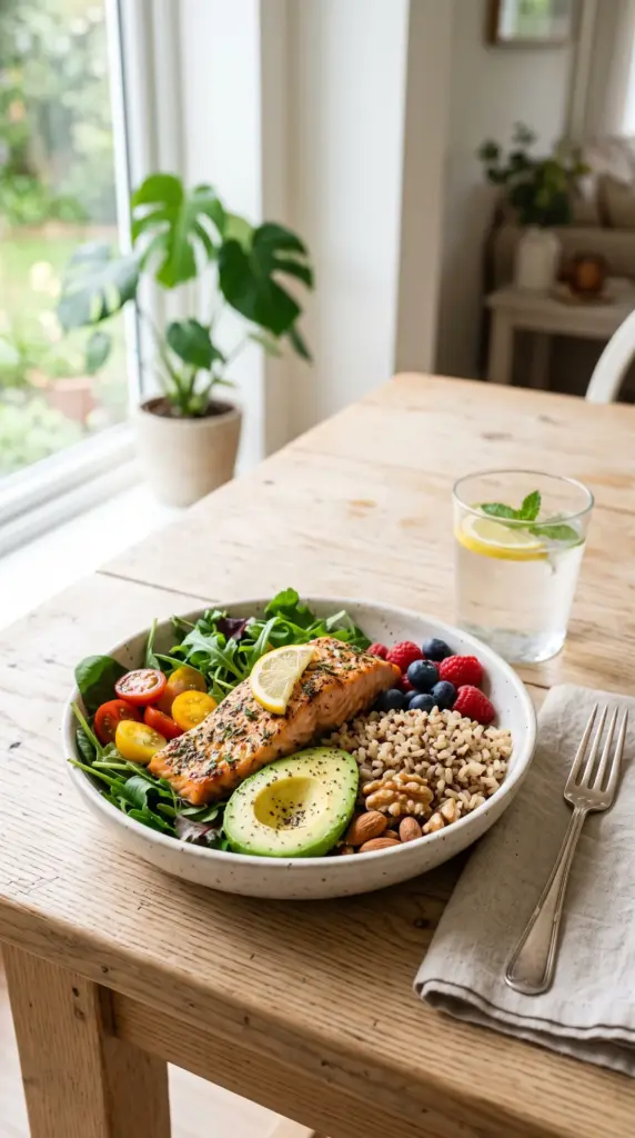 Heart-healthy meal with vegetables, grilled fish, berries, avocado, and whole grains
