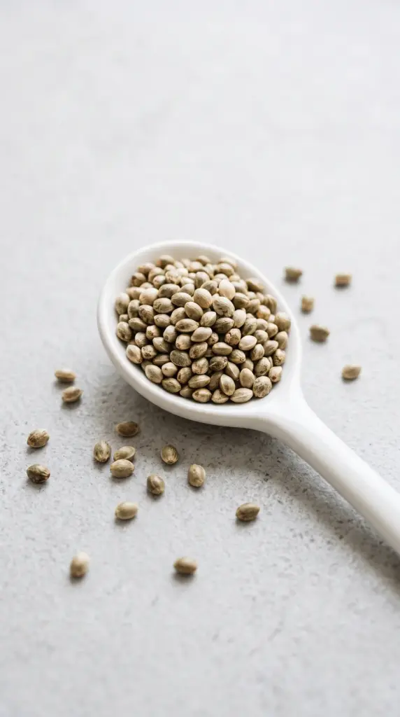Hemp seeds on a white spoon on a light grey table