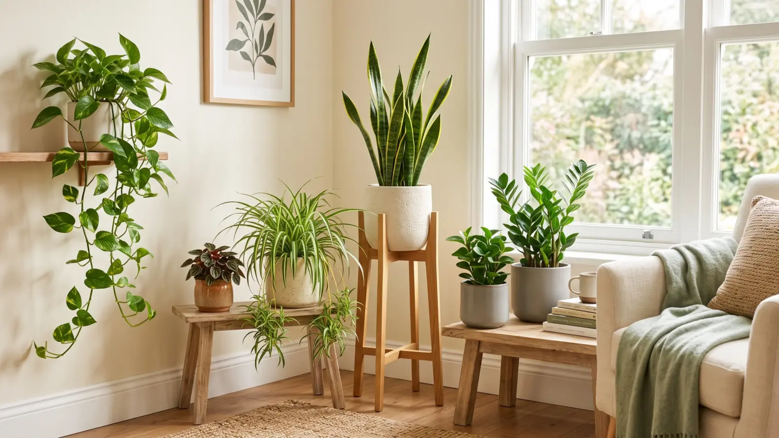 A collection of easy-care houseplants in a bright, cozy living room.
