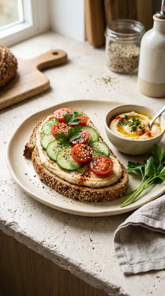 Whole-grain toast topped with hummus, cucumber, tomatoes, sesame seeds, and paprika.