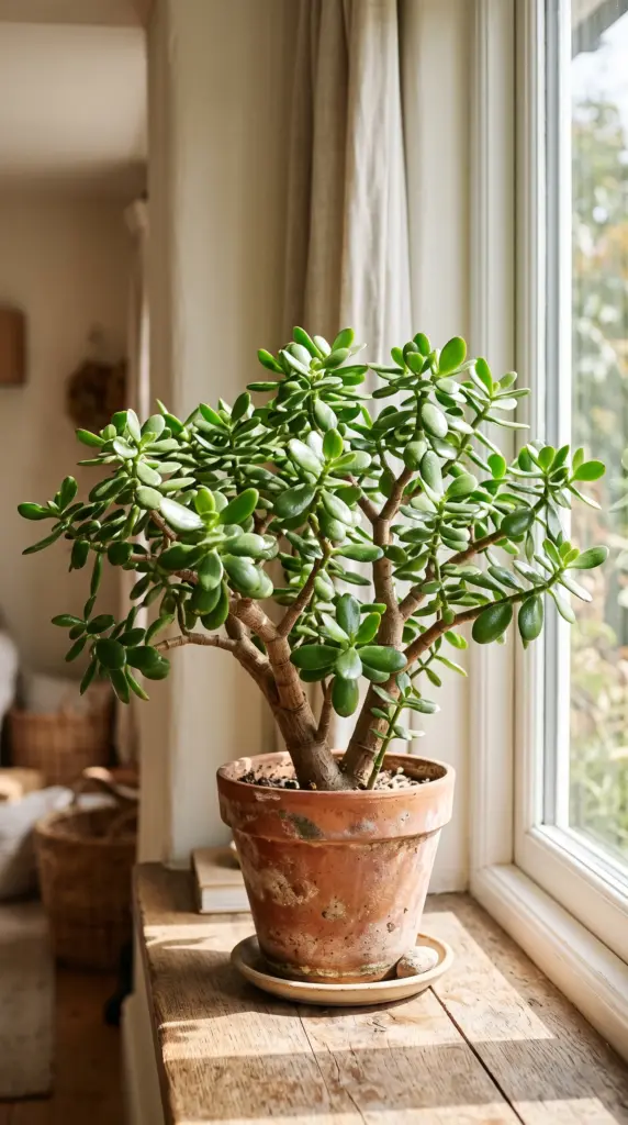 Healthy jade plant in a terracotta pot on a sunny windowsill.