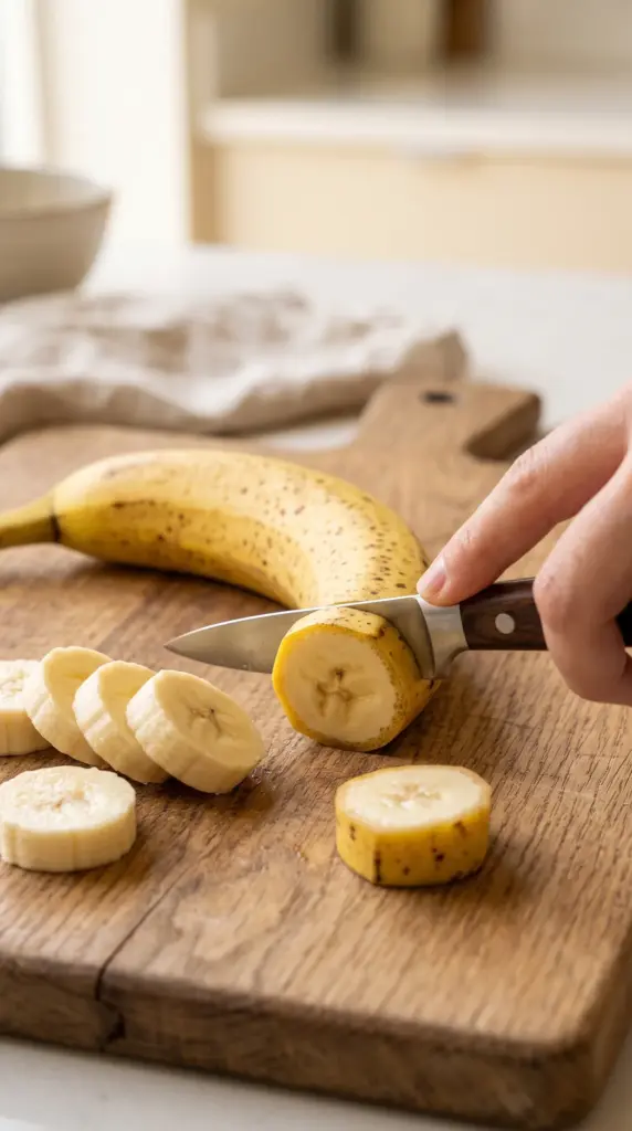 A hand uses a knife to slice an unpeeled banana with the skin still on into rounds on a wooden cutting board, with several banana slices already cut in front.